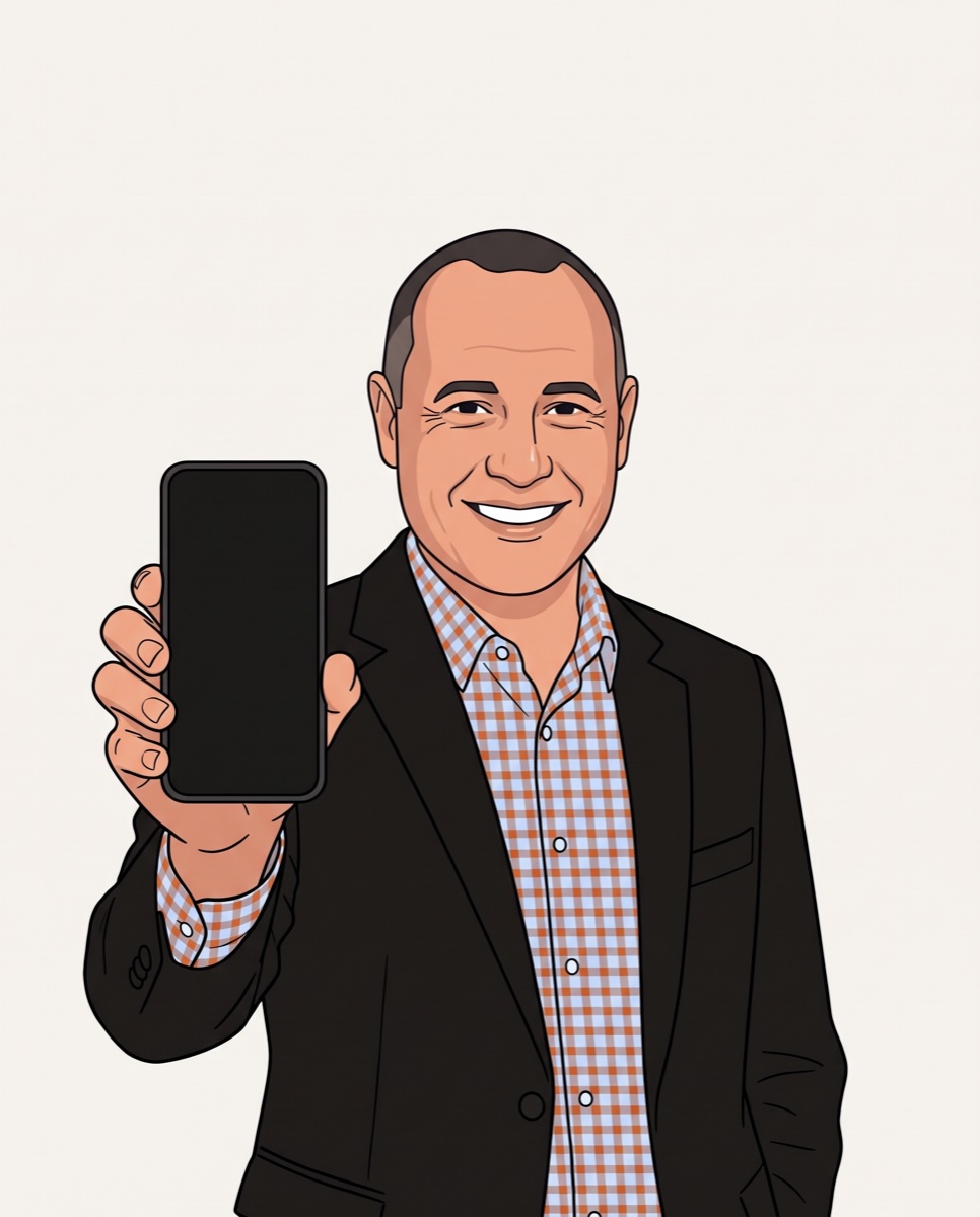 Illustration of John Hillard holding out a phone