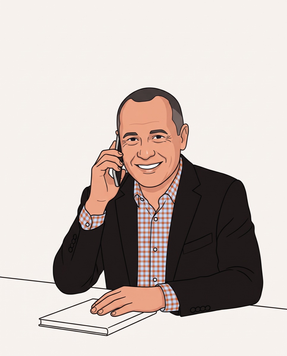 Illustration of John Hillard on the phone at his desk