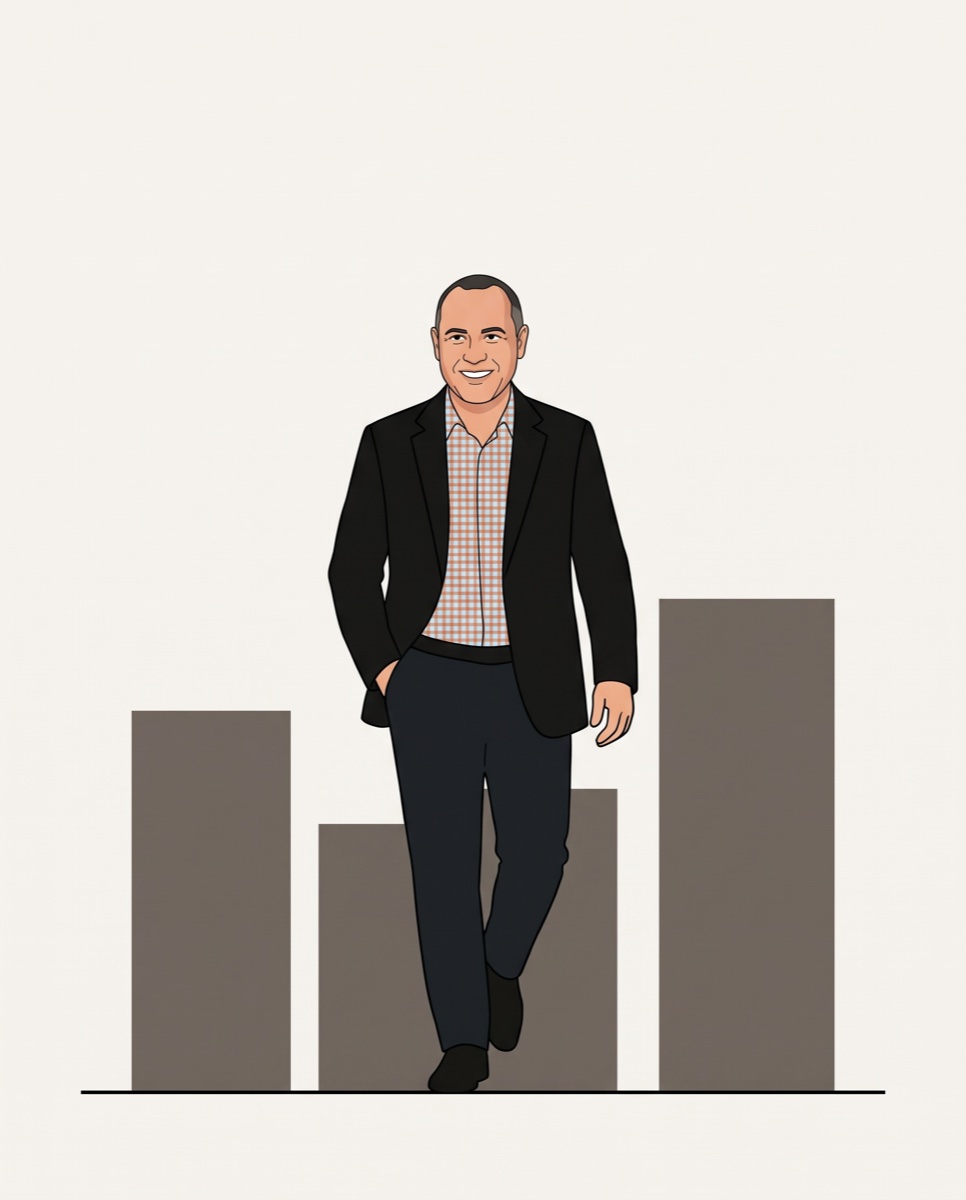 Illustration of John Hillard walking through the city